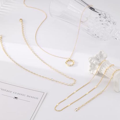 Kyerlyn Layered Necklaces for Women, 14K Gold Plated Necklace Sterling Silver Necklace Stack Circle Pendant Necklace Trendy Long Chain Stackable Silver Necklace Set Dainty Gold Stacked Jewelry Gifts