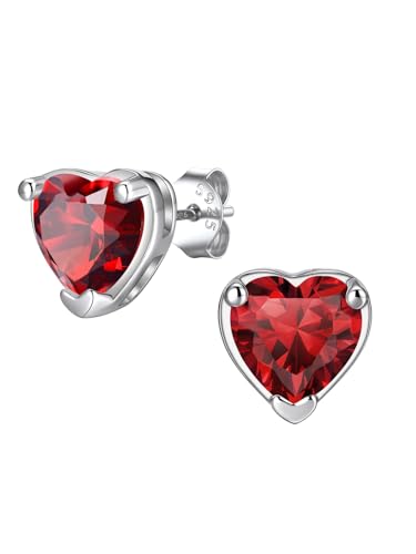 FindChic 2 Carat Birthstone Stud Earrings for Women, Round/Heart/Princess Cut Stud Earrings, Hypoallergenic Studs with 925 Sterling Silver Posts, 12 Months Birthday Jewelry Gift - color: 01. January-Garnet(Heart Cut)