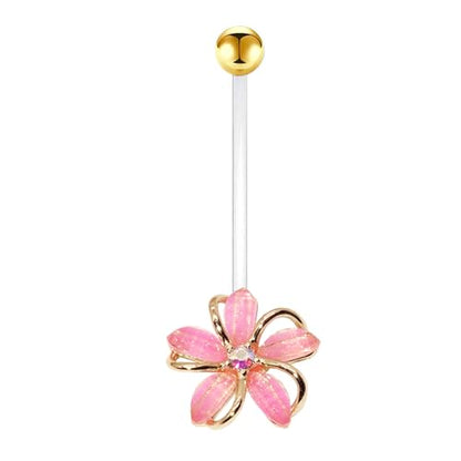 VERAMI 14G 38mm Pregnancy Belly Button Rings Flexible Bioplast Long Bar Flower Belly Rings for Maternity Clear Navel Piercing Retainer - color: Gold-pink flower