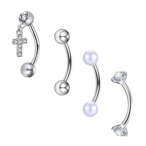 4Pcs 16G Stainless Steel Eyebrow Ring for Women Rhinestone Heart Star Wing Cross Pearl Curved Barbell Tiny Eyebrow Ring Rook Cartilage Piercing Jewelry - style: Cross