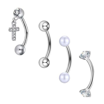 4Pcs 16G Stainless Steel Eyebrow Ring for Women Rhinestone Heart Star Wing Cross Pearl Curved Barbell Tiny Eyebrow Ring Rook Cartilage Piercing Jewelry - style: Cross