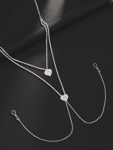 Rhinestone Heart Body Chain Sparkling CZ Paved Heart Choker Nipple Noose Body Chains Sexy Non Piercing Fake Nipple Rings Bra Chest Chains Summer Beach Bikini Nightclub Body Jewelry