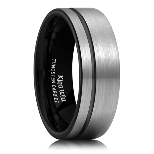 King Will Mens Tungsten Carbide Wedding Band with Groove Design | 6/7/8mm Width, Grooved, Comfort Fit, Everyday Wear - color: Silver&Black Inner-8mm