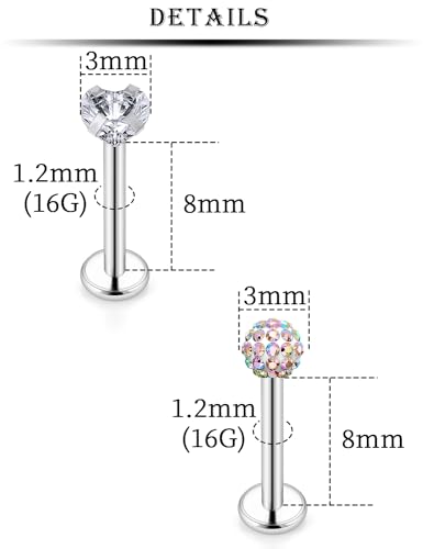16G Lip Labret Medusa Rings Studs Internally Threaded 316L Surgical Steel Snake Bite Lip Rings Flat Back Catilage Tragus Helix Daith Earrings Piercings Jewelry for Women Men 8mm - color: 16G-8mm Bars