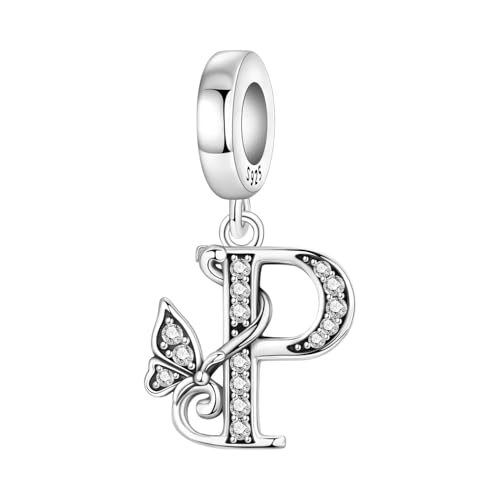 2 Pack 925 Sterling Silver Butterfly Letter Charms for Bracelets and Necklace Alphabet Initial Dangle Pendants Round Spacer Beads Pave Cubic Zirconia Jewelry Gift for Women - color: P Set