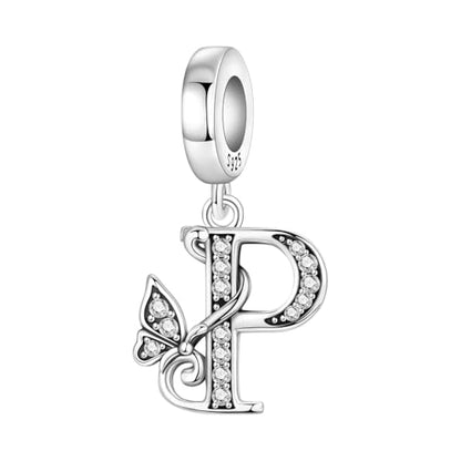 2 Pack 925 Sterling Silver Butterfly Letter Charms for Bracelets and Necklace Alphabet Initial Dangle Pendants Round Spacer Beads Pave Cubic Zirconia Jewelry Gift for Women - color: P Set