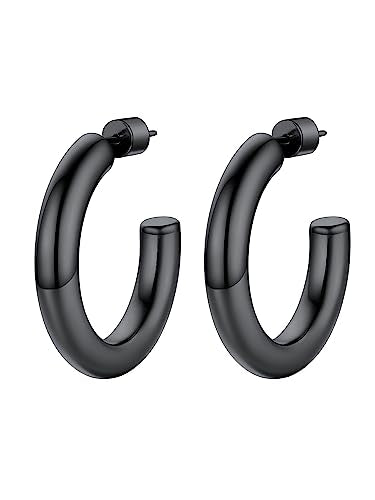 PROSTEEL Chunky Hoop Earrings for Women 14K Gold Plated/Black/Silver | 20/30/40/50/60/70/80mm Stainless Steel Thick Big Round Hoop with Waterproof and Non Tarnish Trendy Jewelry with Gift Box - color: 2. Black, size: 30MM