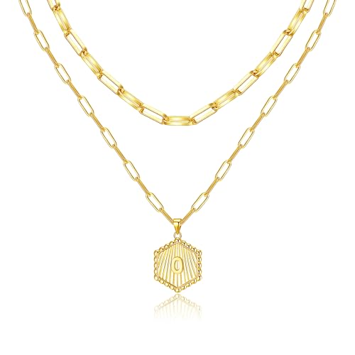 Layered Initial Necklace for Women | Gold Plated Paperclip Chain with Sunburst Hexagon Letter Pendant | Double Layer Alphabet Necklace | Personalized Minimalist Jewelry Gift - color: O