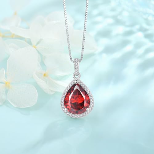 FJ Teardrop Pendant Necklace 925 Sterling Silver Birthstone Jewelry for Women - color: 01 January-Garnet