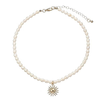 wgoud Natural Freshwater Pearl Choker Necklace for Women, Trendy 14K Gold Plated Pearl Necklaces Handmade Jewelry Gift - color: Sun Necklace
