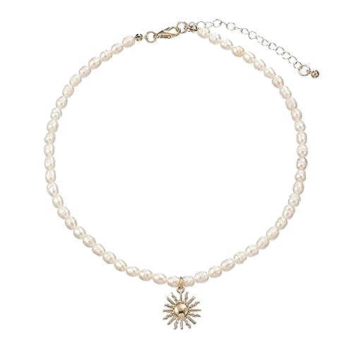 wgoud Natural Freshwater Pearl Choker Necklace for Women, Trendy 14K Gold Plated Pearl Necklaces Handmade Jewelry Gift - color: Sun Necklace