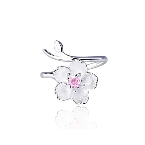 925 Sterling Silver Rings, Flower CZ Rings, Cherry Blossoms Open Engagement Promise Ring, Pink or Purple Birthstones Adjustable Ring for Women, Size 6-11. - color: Pink