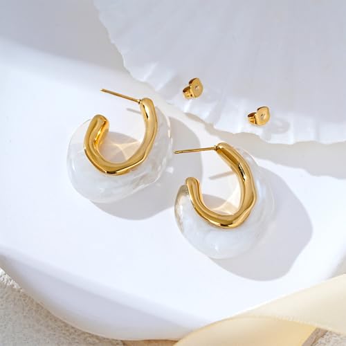 Enamel Hoop Earring for Women 18k Gold Plated Chunky Two-Tone U/C Shaped Earring Enamel Jewelry Gift for Wife Girlfriend - color: Orange 2