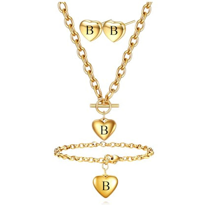 Women's 3 Pieces Heart Name Initial Necklace, Bracelet, Earrings, Jewelry Set Stainless Steel A-Z letters Jewelry Suits - color: Gold, size: B