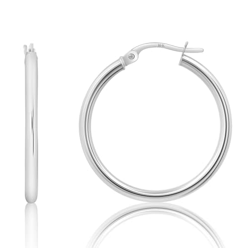 10k or 14k Gold Hoop Earrings for Women | Hypoallergenic Small to Large 12MM to 50MM Hoop Earrings with Secure Click Tops | Yellow or White Gold Classic Hoops in 2MM Thick Tube by MAX + STONE - color: 10K White Gold, size: 25mm | 1 inch Diameter