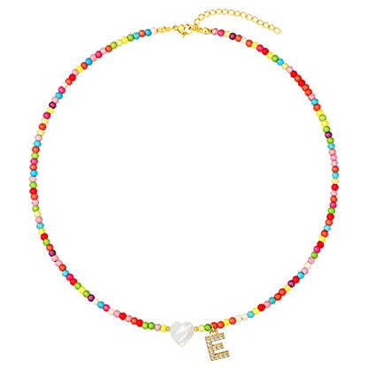 MJartoria Initial Necklaces for Women, Colorful Beaded Necklace, Shell Beach Necklace Letter Choker Handmade Jewelry Gifts - style: E