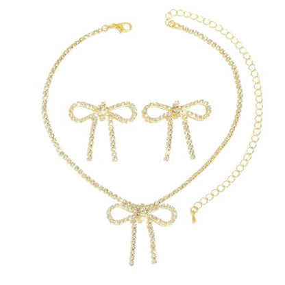 Gold Rhinestone Jewelry Set for Women Crystal Choker Necklaces Drop Earrings Adjustable Bracelet Elegant Prom Bridal Jewelry - color: Gold A