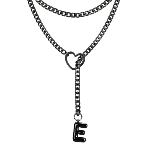 Black Heart Slip Chain Initial Necklaces for Women, Stainless Steel Wrap Choker Necklace, Gothic O-Ring Adjustable Lariat Y Necklaces, Punk Cuban Collar Choker Necklace, Halloween Jewelry Gift - color: Black E