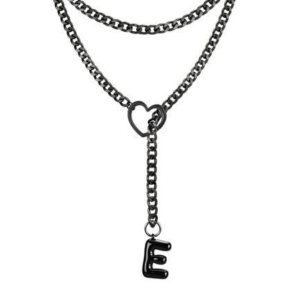 Black Heart Slip Chain Initial Necklaces for Women, Stainless Steel Wrap Choker Necklace, Gothic O-Ring Adjustable Lariat Y Necklaces, Punk Cuban Collar Choker Necklace, Halloween Jewelry Gift - color: Black E