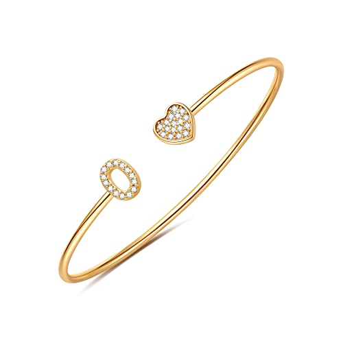 Gold Bracelets for Women Teen Girls, 14K Gold Plated Initial Heart Bangle | Adjustable Open Cuff Bracelet, Dainty Letter Jewelry, Daughter Sister Bridesmaid Friend, Birthday Christmas Graduation Gift - color: O