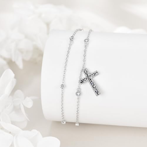 LUHE Cross Ankle Bracelets Sterling Silver Religius Double Chain Anklets Christian Baptism Layered Anklet Jewelry Gifts for Women - style: Filigree cross anklet