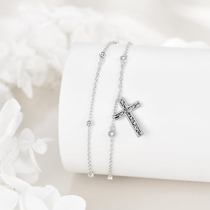 LUHE Cross Ankle Bracelets Sterling Silver Religius Double Chain Anklets Christian Baptism Layered Anklet Jewelry Gifts for Women - style: Filigree cross anklet
