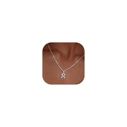 Initial Necklace for Women, 14K Gold Silver Plated Box Chain Letter Pendant, Trendy Name Necklace, Dainty Personalized Charm Jewelry Gift for Her - color: Silver, style: R