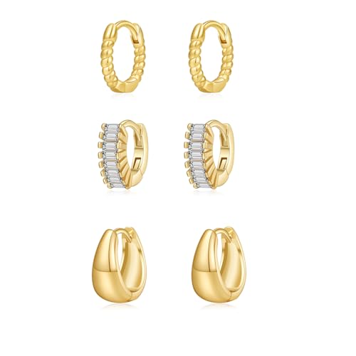 3 Pairs Huggie Hoop Earring Set 18K Gold Plated Cubic Zirconia Cartilage Earrings, Multi Piercings Ear Jacket Earring Climber Stud Earring for Women Everyday Earrings - color: 3 CZ Gold