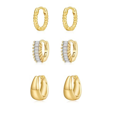 3 Pairs Huggie Hoop Earring Set 18K Gold Plated Cubic Zirconia Cartilage Earrings, Multi Piercings Ear Jacket Earring Climber Stud Earring for Women Everyday Earrings - color: 3 CZ Gold