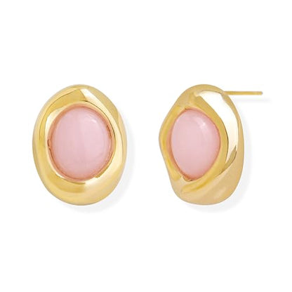 Jean Beau Chunky Gold Stone Stud Earrings for Women, Trendy Natural Gemstone Hypoallergenic Earing Valentine Jewelry Gift - color: Rose Quartz