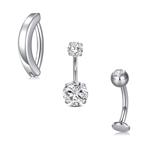 VCMART Belly Button Ring Belly Button Piercing Belly Rings Dangle Belly Button Rings Surgical Steel Clicker Floating Belly Button Rings for Women 14G Silver Gold Belly Navel Piercings Jewelry - color: A7 -3pcs, silver