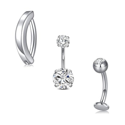VCMART Belly Button Ring Belly Button Piercing Belly Rings Dangle Belly Button Rings Surgical Steel Clicker Floating Belly Button Rings for Women 14G Silver Gold Belly Navel Piercings Jewelry - color: A7 -3pcs, silver