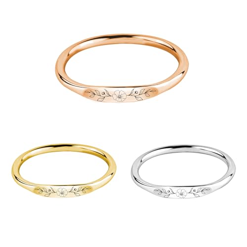 Birth Month Flower Rings for Women, Silver Plated Birth Month Flower Ring | Custom engraved ring is a gift for mom in tarnish-resistant stainless steel. Stack bands by birth month flower, name or text.
