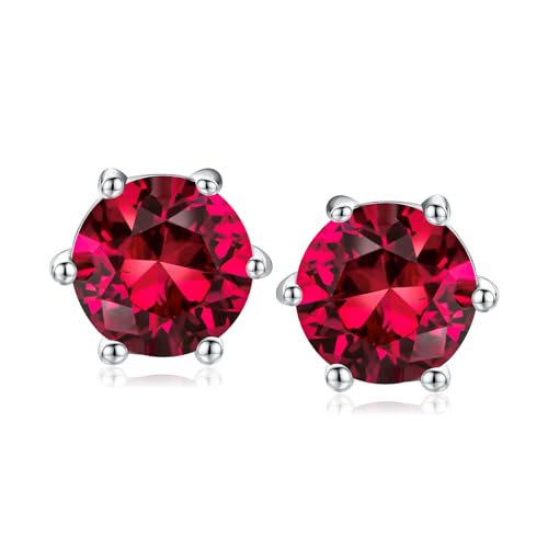 DAYBYDAY 925 Sterling Silver Birthstone Earrings for Women, Crystal Stud Earrings, 6.5mm Round Cut Solitaire Gemstone Earrings Birthday Jewelry - style: Round Cut-07. Jul/created ruby