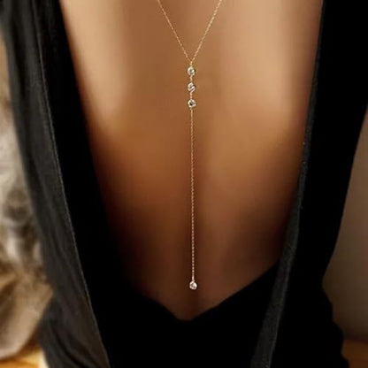 Dainty Crystal Back Chain for Women Sparkly Rhinestone Long Back Necklace for Backless Dress Summer Party Body Jewelry - color: Gold B