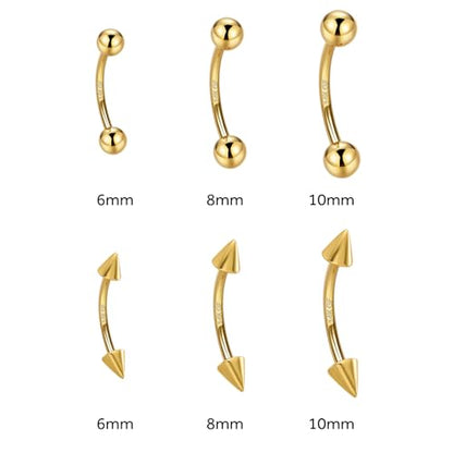 2 Pcs 14k Gold Filled Eyebrow Rings, 16G Threaded Rook Piercing Jewelry, Surgical Steel Vertical Lip Labret Belly Tongue Ring Daith Earring Curved Barbells - color: 8mm-2pcs Cone Top