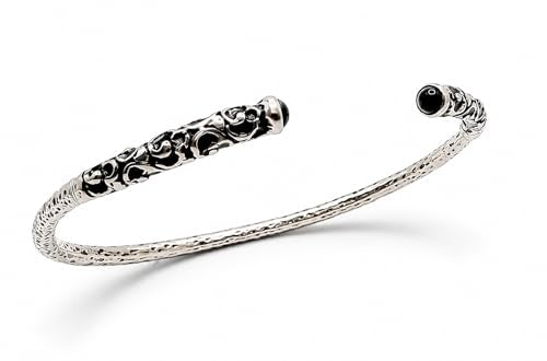 Handmade Sterling Silver Blue Opal or Garnet Cuff Bracelet – Adjustable Open Bangle for Women (Stone Variation)