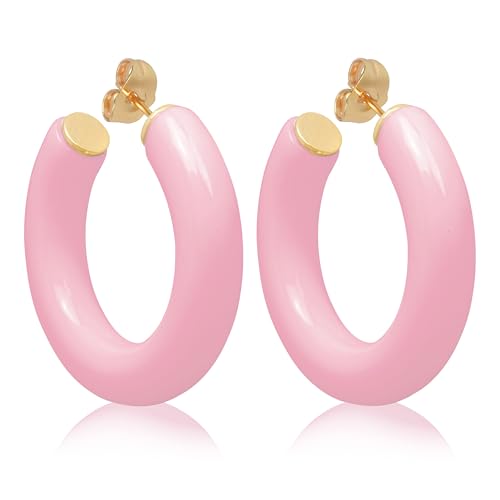 Gold Plated Multicolor Resin Chunky Thick Open Hoop Earrings in 57MM and 37.5MM Diameters - color: Pink - Pastel - Glossy Finish, size: 37.5MM (1.48") Diameter