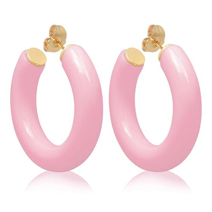 Gold Plated Multicolor Resin Chunky Thick Open Hoop Earrings in 57MM and 37.5MM Diameters - color: Pink - Pastel - Glossy Finish, size: 37.5MM (1.48") Diameter