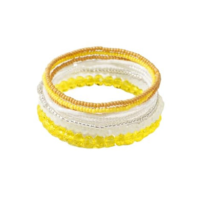 Handmade Stackable Rice Seed Beaded Ball Bracelets set for women, Romantic Boho Trendy Acrylic Glass Stretch Accessories Multi Layer Jewelry, Daily Wear Party Holiday Friendship Gift - color: Yellow