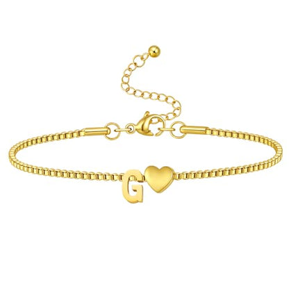 Gold Initial Bracelet for Women Dainty Personalized Name Bracelet | 14K Gold Plated, Letter A-Z Bracelet, Tiny Gold Initial Cute Heart Bracelet Jewelry Gift - color: G
