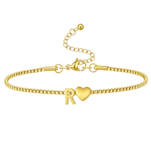 Gold Initial Bracelet for Women Dainty Personalized Name Bracelet | 14K Gold Plated, Letter A-Z Bracelet, Tiny Gold Initial Cute Heart Bracelet Jewelry Gift - color: R