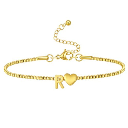 Gold Initial Bracelet for Women Dainty Personalized Name Bracelet | 14K Gold Plated, Letter A-Z Bracelet, Tiny Gold Initial Cute Heart Bracelet Jewelry Gift - color: R