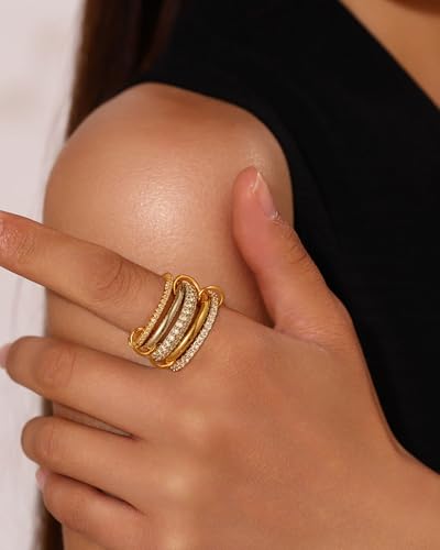 14K Gold Interlocking Stackable Rings for Women – Silver Gold Stack Ring Set with CZ, Two Tone Interlocked Stacked Ring, Multi-layer Statement Ring Jewelry - color: 14K Gold&Silver CZ(5Layer), size: 10