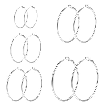 6 Pairs Gold Silver Hoop Earrings for Women 14K Gold Plated 316 Hypoallergenic Stainless Steel Lightweight Large Small Hoops Women Earrings 30/40/50mm Set - color: 5 Pairs Silver-30/40/50/60/70mm