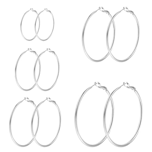 6 Pairs Gold Silver Hoop Earrings for Women 14K Gold Plated 316 Hypoallergenic Stainless Steel Lightweight Large Small Hoops Women Earrings 30/40/50mm Set - color: 5 Pairs Silver-30/40/50/60/70mm