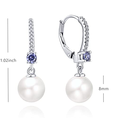 JO WISDOM 925 Sterling Silver Freshwater Pearl Hoop Earrings with Dangle Real Pearl,Simulated Pearls - color: B-8mm white pearl,tanzanite color
