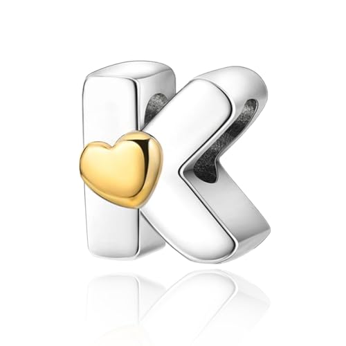 Two-Tone Gold Heart S925 Silver Letter Charm Fits Pandora Bracelet Necklace | Initial Bead Two-Tone Gold Heart, DIY European Bracelet Accessory, Gift for Ladies Birthday Anniversary Valentine - style: K