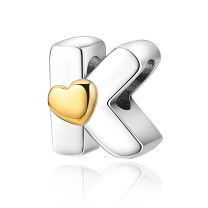 Two-Tone Gold Heart S925 Silver Letter Charm Fits Pandora Bracelet Necklace | Initial Bead Two-Tone Gold Heart, DIY European Bracelet Accessory, Gift for Ladies Birthday Anniversary Valentine - style: K