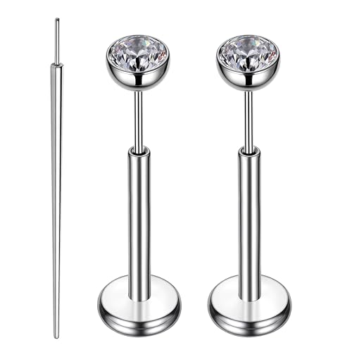 Gotumo 16G 18G 20G Flat Back Earrings Stud Titanium Threadless Nose Rings Tragus Labret Cartilage Lip Medusa Conch Body Piercing Jewelry Hypoallergenic for Women Men - color: Silver, size: 16G Bar Lengths 8mm & CZ 3mm